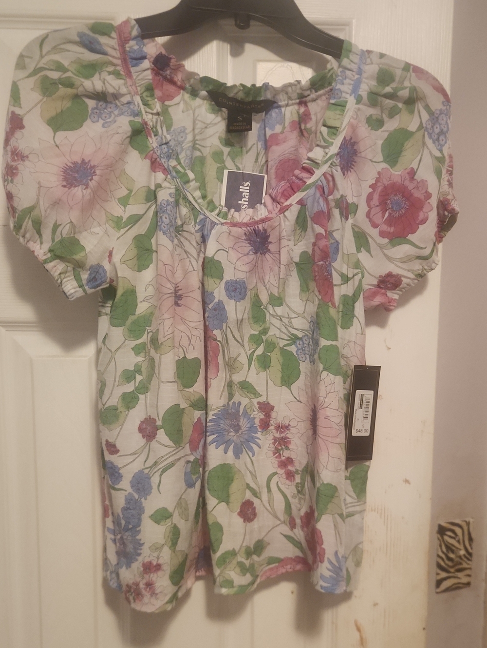 Counterparts White Floral Puff-Sleeve Blouse with Pink, Blue & Green